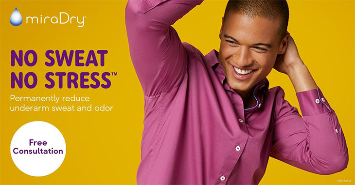 MiraDry advertising banner with the content - No sweat, no stress