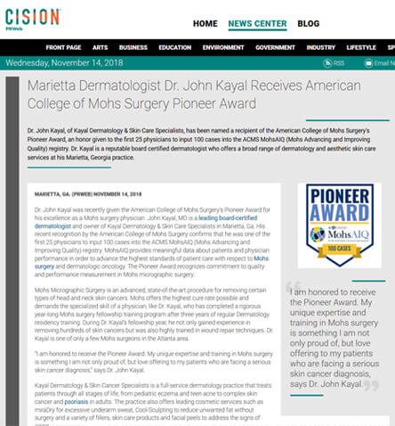 Marietta Dermatologist Dr. John Kayal Receives American College of Mohs Surgery Pioneer Award