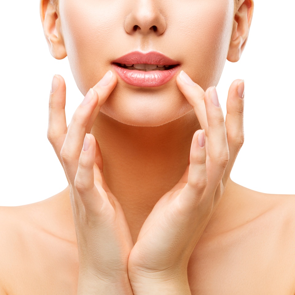 Woman Lips Care and Face Beauty Make Up, Model Touching Lip by Hands, Natural Skin Makeup, White Isolated