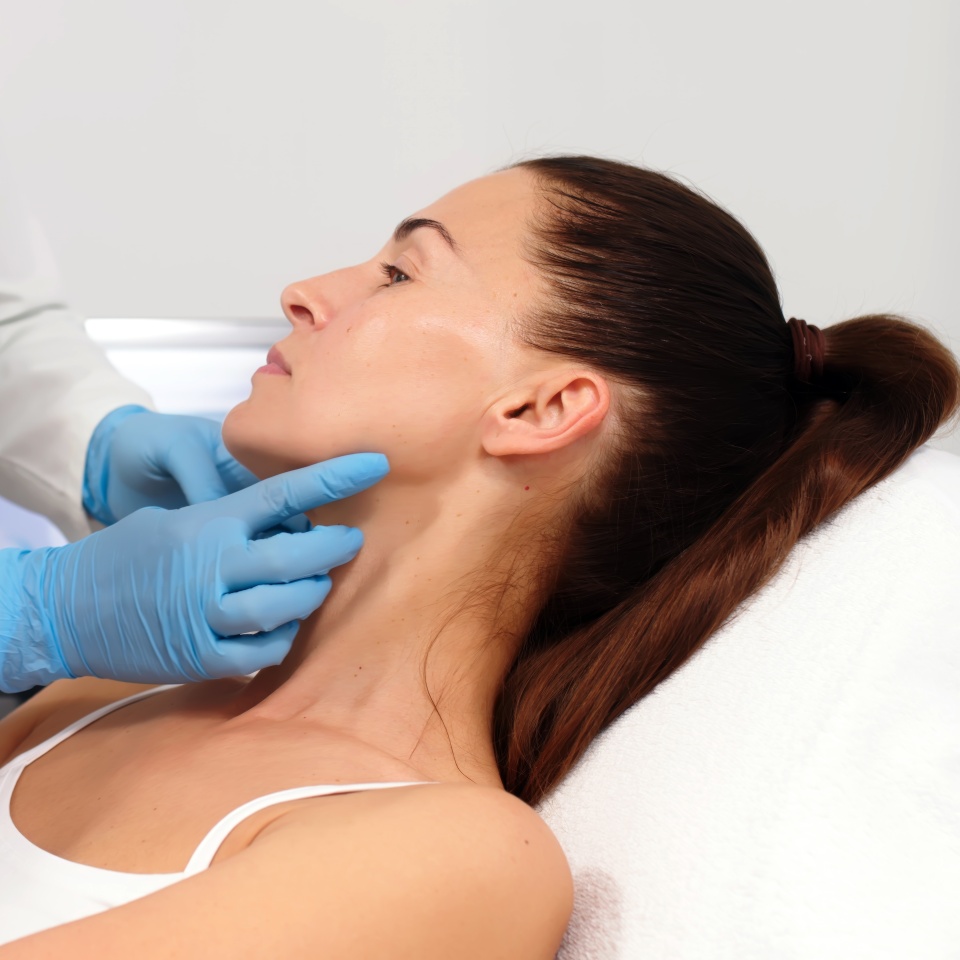 A female cosmetologist-dermatologist talks to a client sitting in a comfortable salon chair. Consultant cosmetologist advises on the facial hydrolifting procedure. Professional inspection.