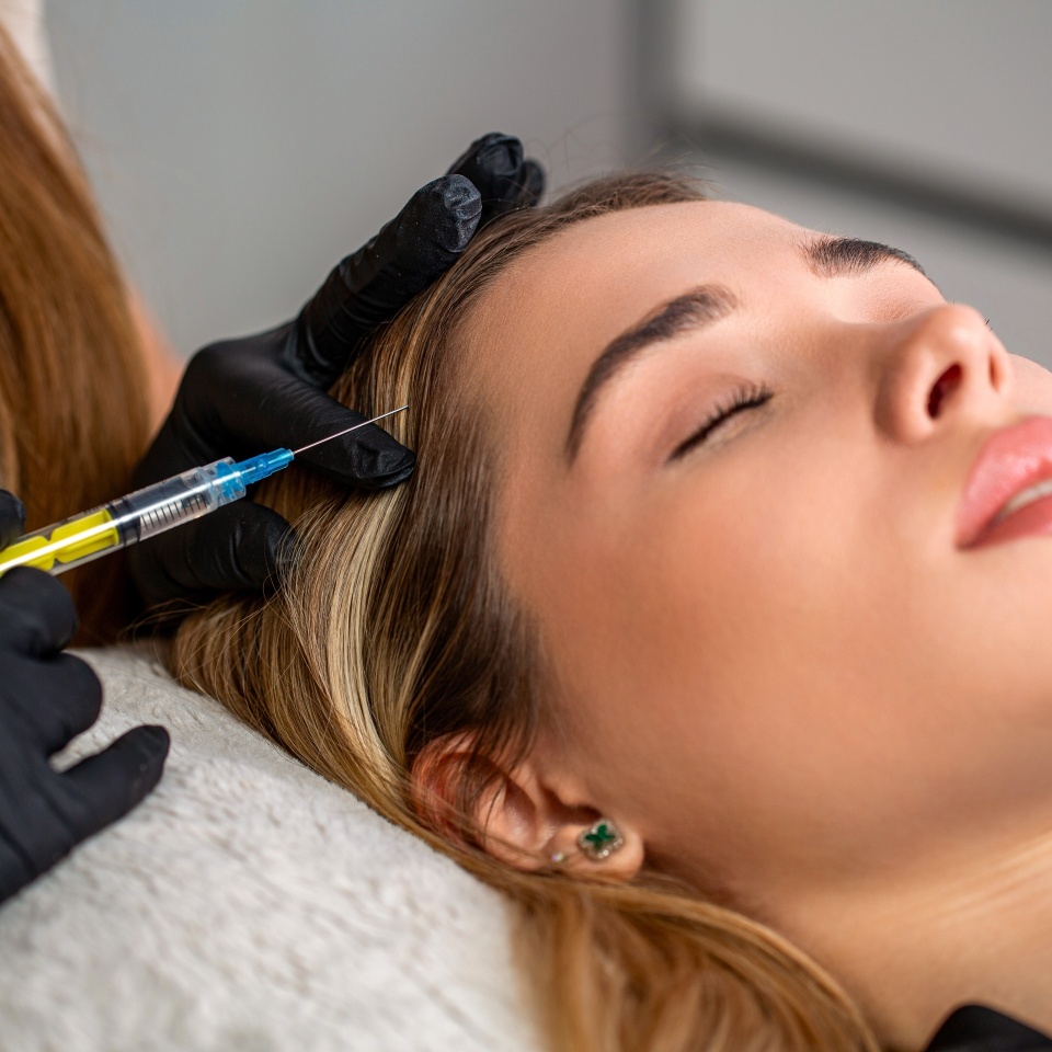 Hair strengthen and growth, needle mesotherapy. Woman getting cosmetics injection in head, copy space. Young woman with hair loss problem receiving injection. Hair loss, alopecia treatment, prp.